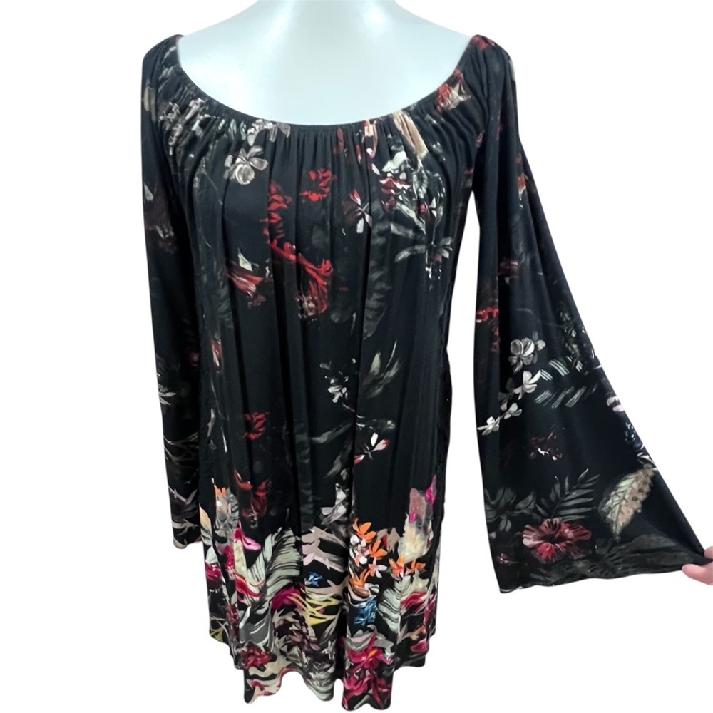 NWT Sky Brand Boho Floral Lace Off Shoulder Long Bell Sleeve Mini Swing Dress